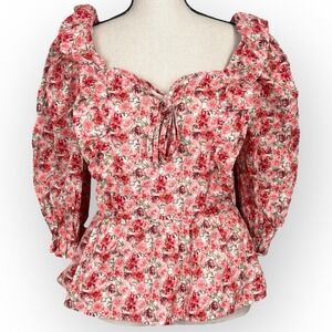 Easel‎ Floral Puff Sleeve Square Neck Peplum Top Women Small Garden Cottage